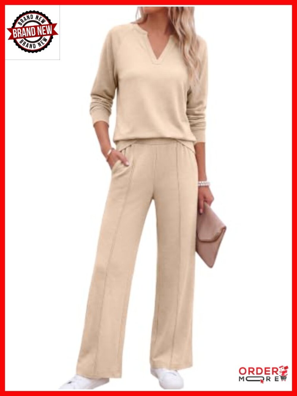 2 Piece Lounge Set V Neck Sweatsuit Pullover Wide Leg Pant Travel Outfit
